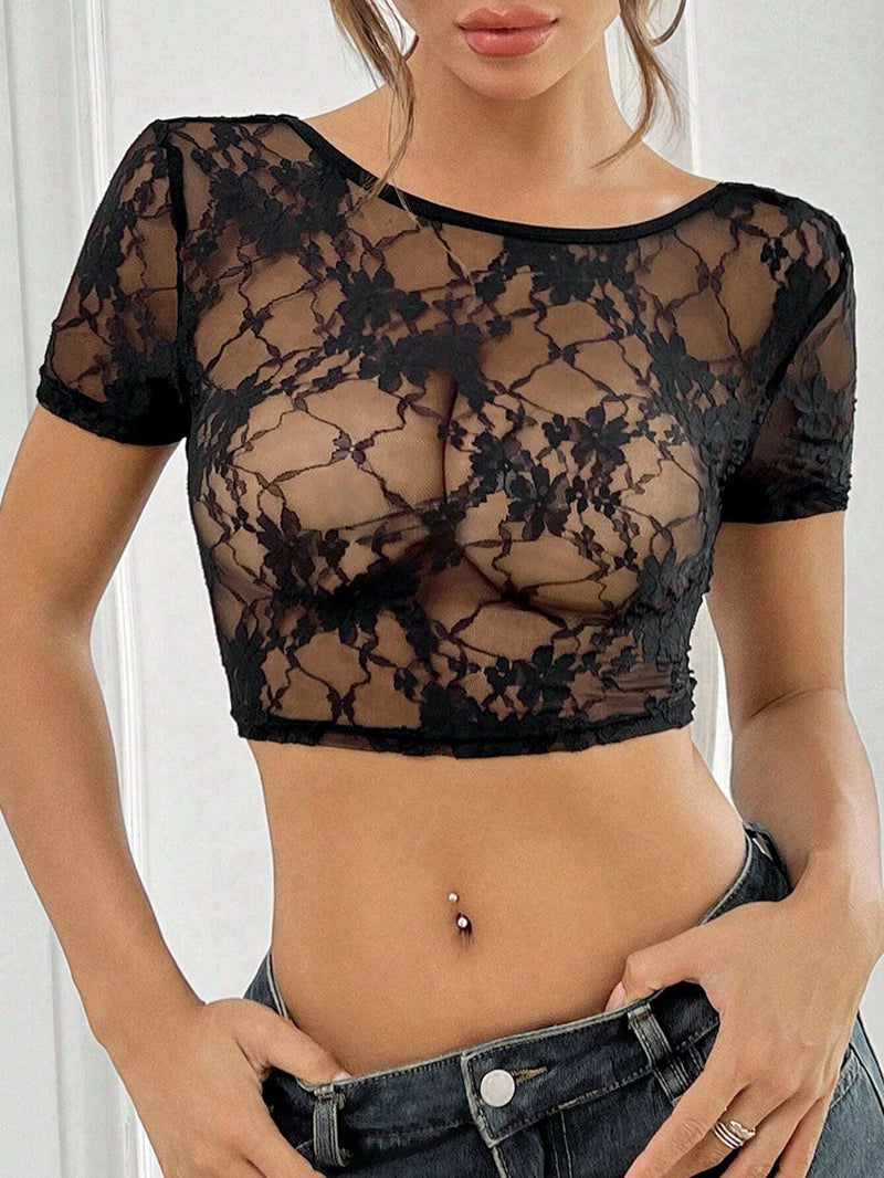 ICON Crop top de encaje con cuello redondo y manga corta para mujer, diseno sexy sin espalda para el verano