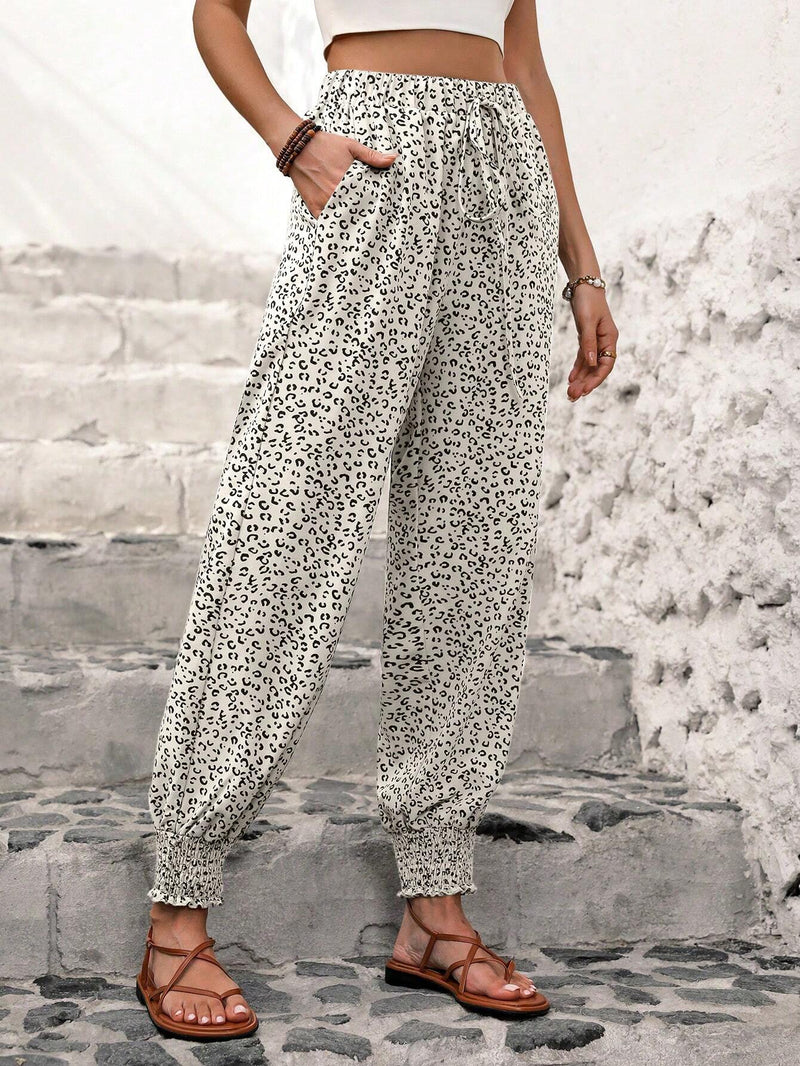 NEW  LUNE Pantalones Jogger Casuales con Estampado de Leopardo y Cordon para Mujer