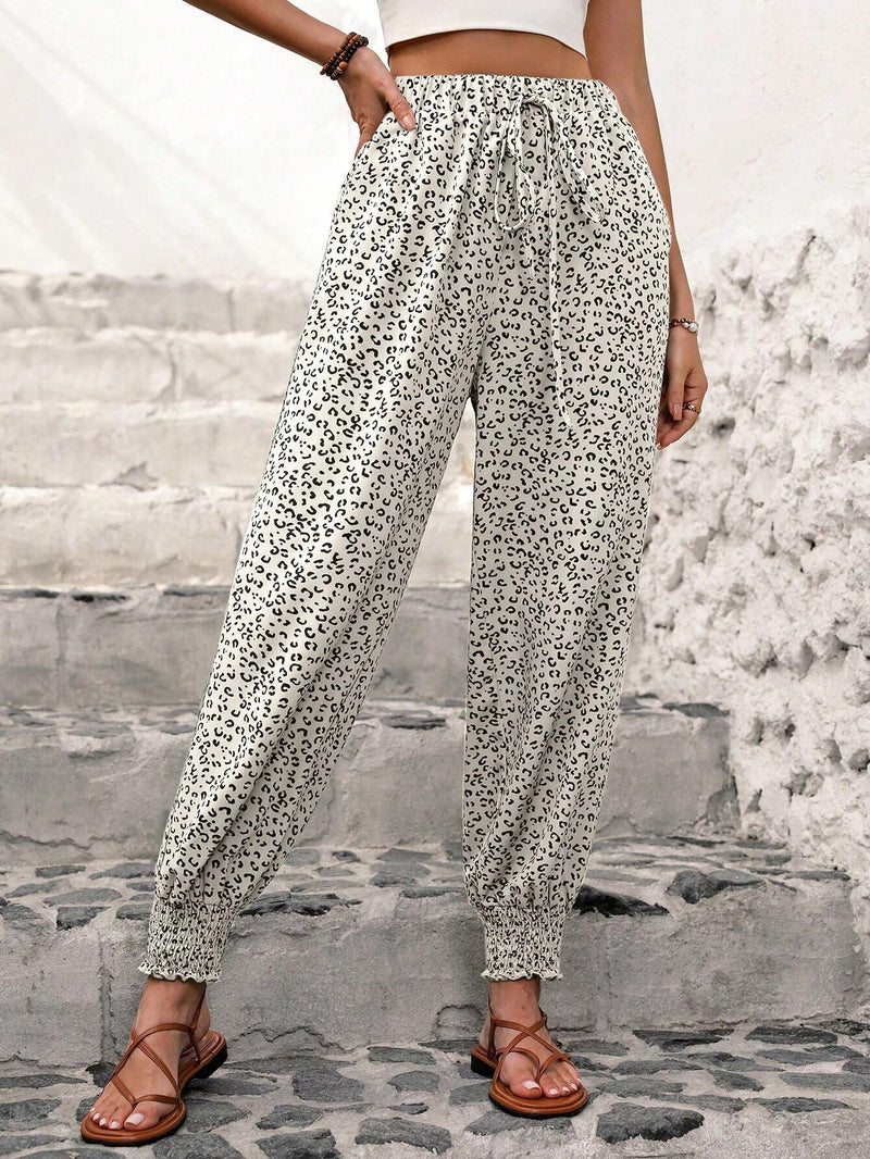 NEW  LUNE Pantalones Jogger Casuales con Estampado de Leopardo y Cordon para Mujer