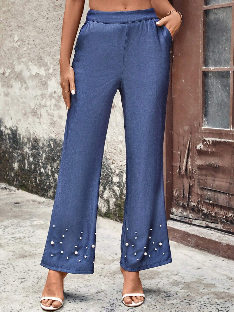 LUNE Pantalones rectos casuales para mujeres con decoracion de perlas falsas y bolsillos