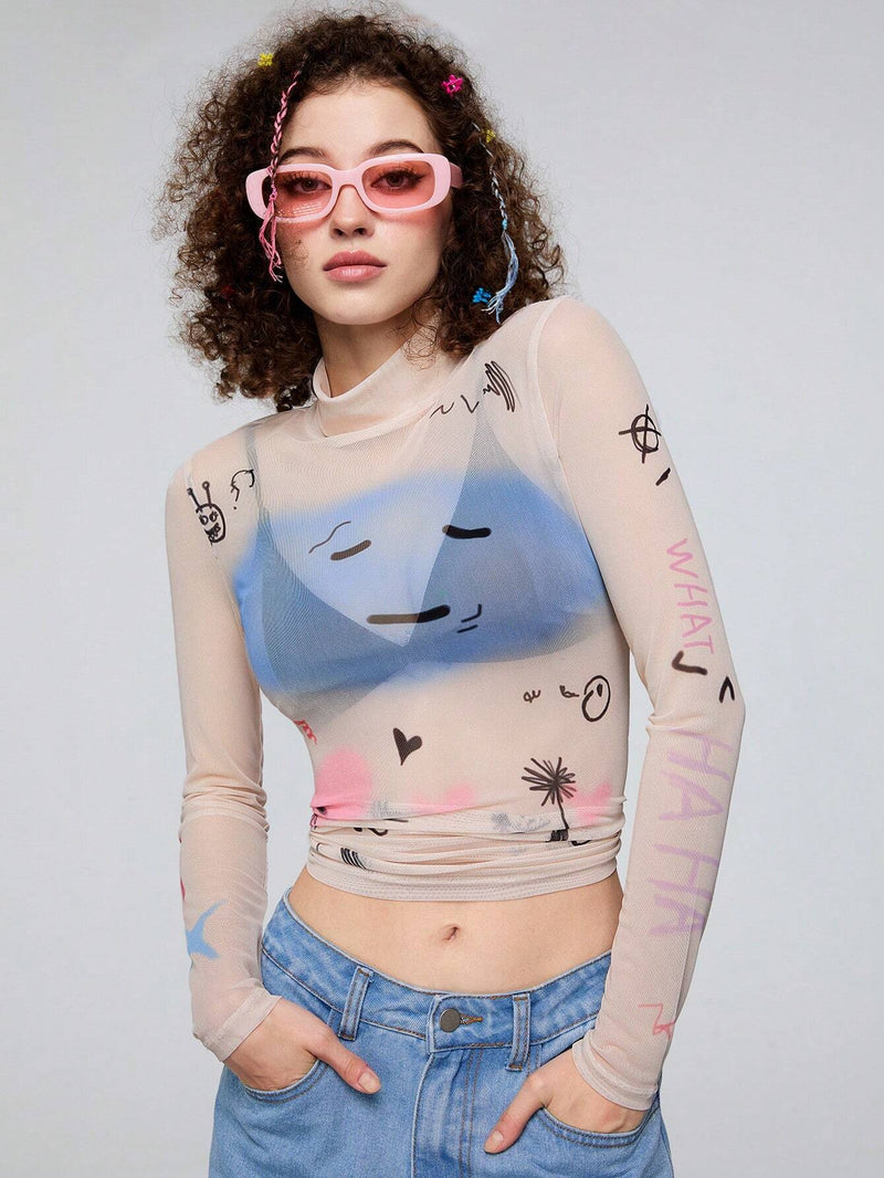 Neu Mujeres Top Casual Ajustado de Malla Estampado con Graffiti y Cuello Alto para Primavera y Verano