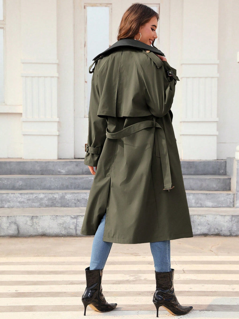 Mujeres chaqueta elegante de PU con cinturon, diseno de bolsillo, abrigo cortaviento versatil de longitud media y cuello.