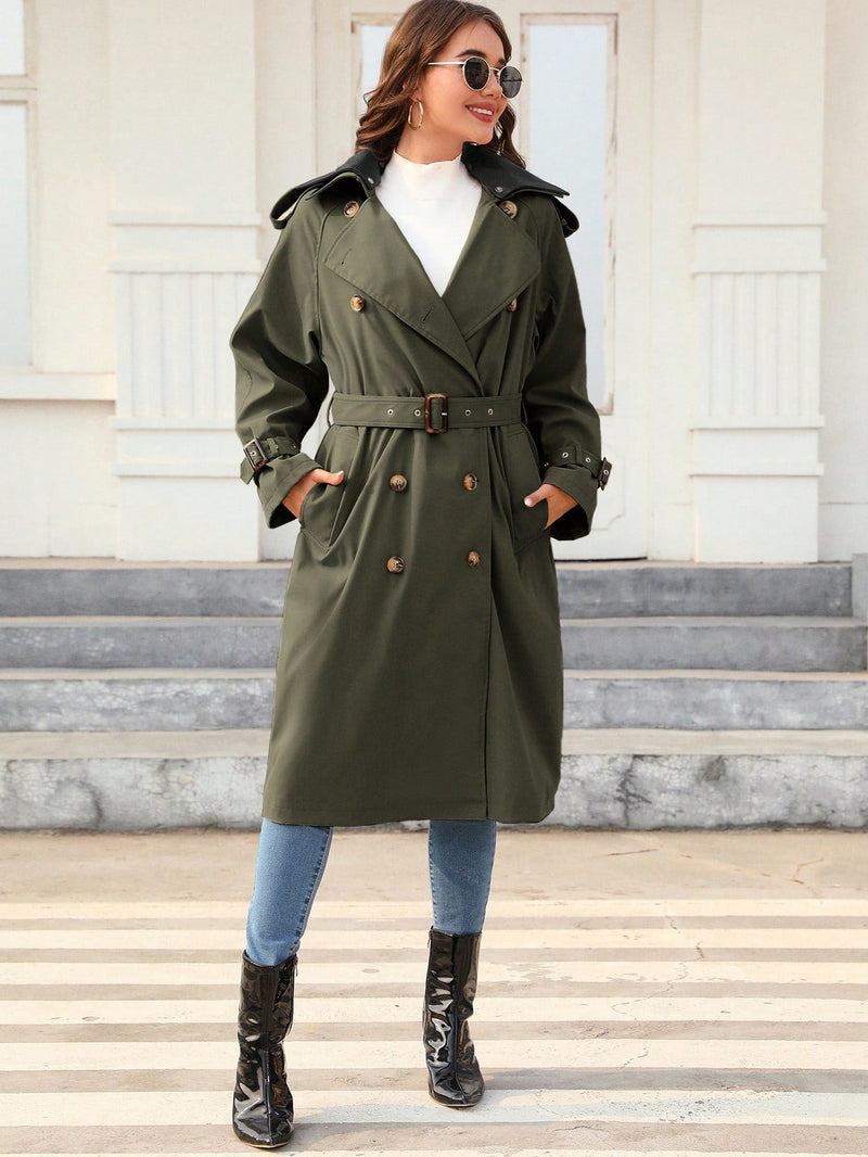 Mujeres chaqueta elegante de PU con cinturon, diseno de bolsillo, abrigo cortaviento versatil de longitud media y cuello.