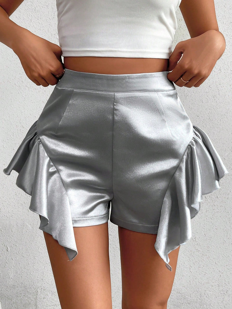 Prive Shorts de verano de unicolor con dobladillo asimetrico, cremallera trasera