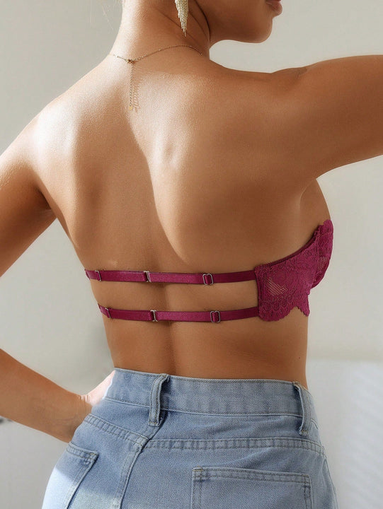 Sujetador sin tirantes de encaje de unicolor para mujer con tirantes ajustables