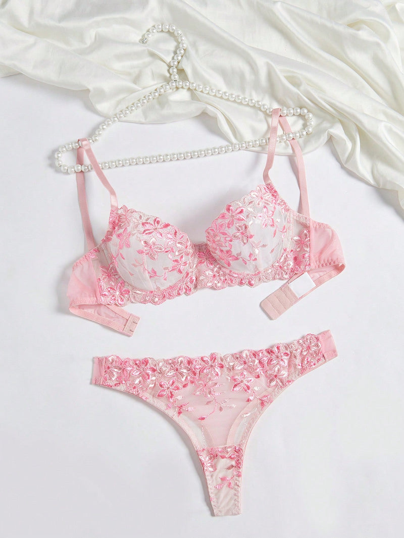 NEW Set de ropa interior femenina romantico de color rosa compuesto por 2 piezas, sujetador tipo bralette y braguita con aros