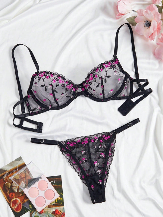 Conjunto de lenceria sexy negro bordado de 2 piezas para mujer