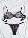 Conjunto de lenceria sexy negro bordado de 2 piezas para mujer