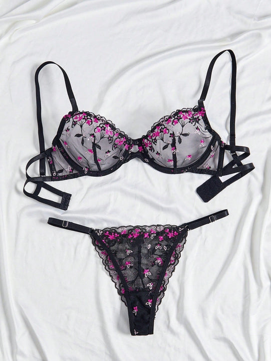 Conjunto de lenceria sexy negro bordado de 2 piezas para mujer