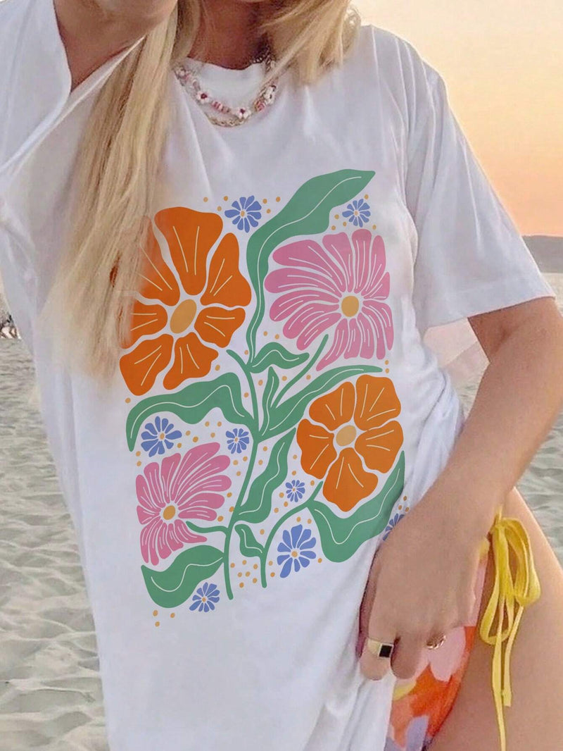 Camiseta de manga corta para mujer con ajuste holgado y estampado floral colorido para el verano