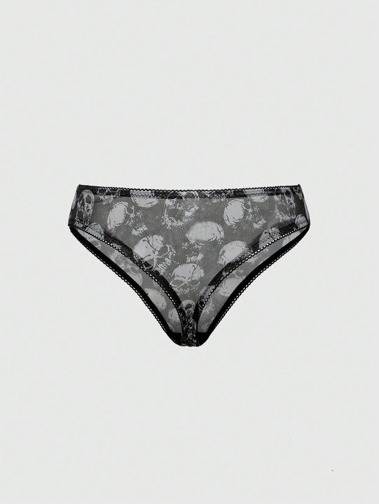 ROMWE Goth Conjunto de ropa interior de mujer gotico impreso con calaveras y soporte de alambre