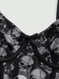 ROMWE Goth Conjunto de ropa interior de mujer gotico impreso con calaveras y soporte de alambre