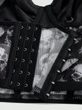 ROMWE Goth Conjunto de ropa interior de mujer gotico impreso con calaveras y soporte de alambre