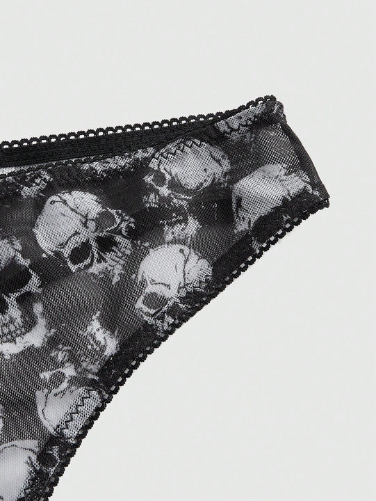 ROMWE Goth Conjunto de ropa interior de mujer gotico impreso con calaveras y soporte de alambre