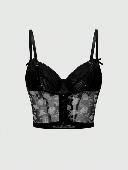 ROMWE Goth Conjunto de ropa interior de mujer gotico impreso con calaveras y soporte de alambre