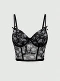 ROMWE Goth Conjunto de ropa interior de mujer gotico impreso con calaveras y soporte de alambre