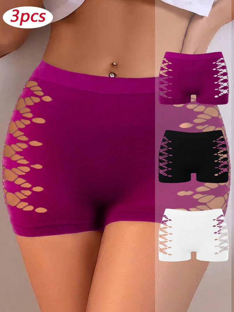 Set de 3 piezas de bragas basicas sexys para mujeres, sin costuras y transpirables, con diseno calado. Varios colores disponibles.