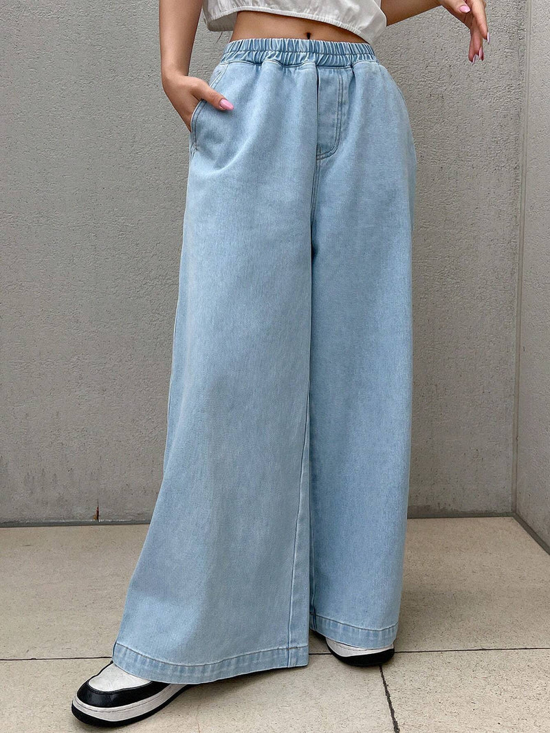 FRIFUL Pantalones Jeans de mujer casuales y sueltos de pierna ancha con cintura elastica y bolsillo para uso diario