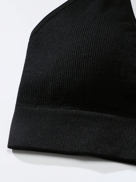 Sujetador sin costuras sexy para mujer, sin relleno, negro, correas delgadas, chaleco deportivo/fitness/yoga, soporte de espalda