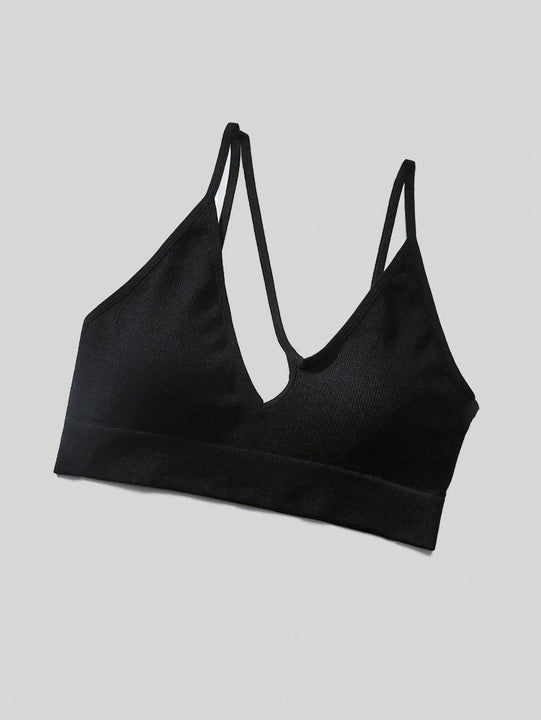 Sujetador sin costuras sexy para mujer, sin relleno, negro, correas delgadas, chaleco deportivo/fitness/yoga, soporte de espalda