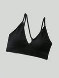 Sujetador sin costuras sexy para mujer, sin relleno, negro, correas delgadas, chaleco deportivo/fitness/yoga, soporte de espalda