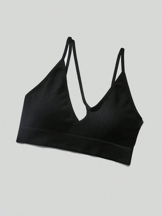 Sujetador sin costuras sexy para mujer, sin relleno, negro, correas delgadas, chaleco deportivo/fitness/yoga, soporte de espalda