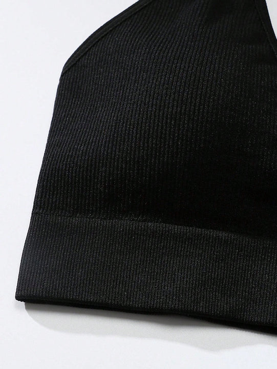 Sujetador sin costuras sexy para mujer, sin relleno, negro, correas delgadas, chaleco deportivo/fitness/yoga, soporte de espalda