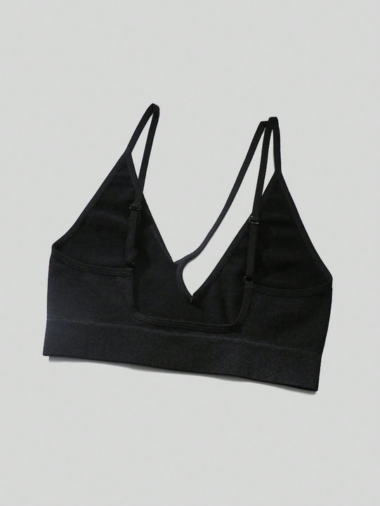 Sujetador sin costuras sexy para mujer, sin relleno, negro, correas delgadas, chaleco deportivo/fitness/yoga, soporte de espalda