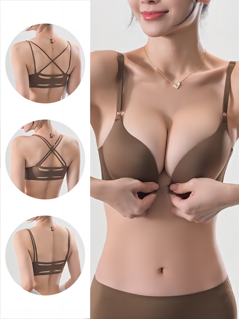 Sosten escultor push-up de soporte suave, sin costuras, con cierre frontal y espalda de belleza, estilo sexy y transpirable en color marron para mujer en talla estandar