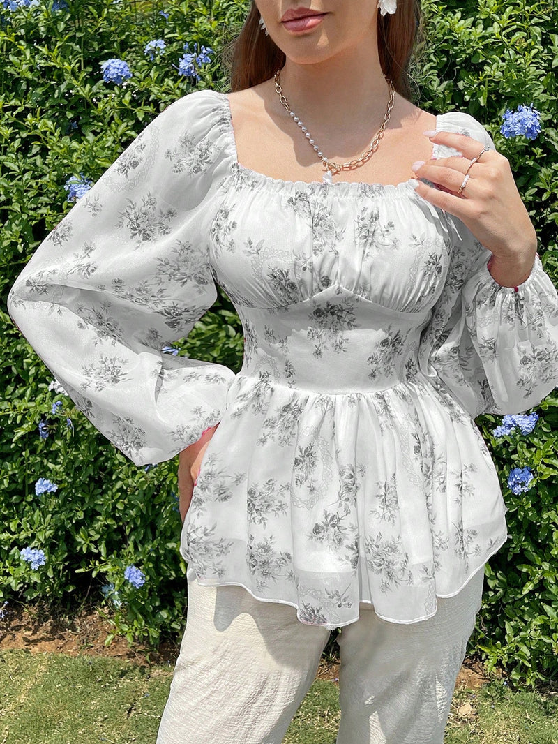 Modely Camisa de manga abullonada con cintura plisada y detalles de pequenas flores para vacaciones y ocio de mujeres