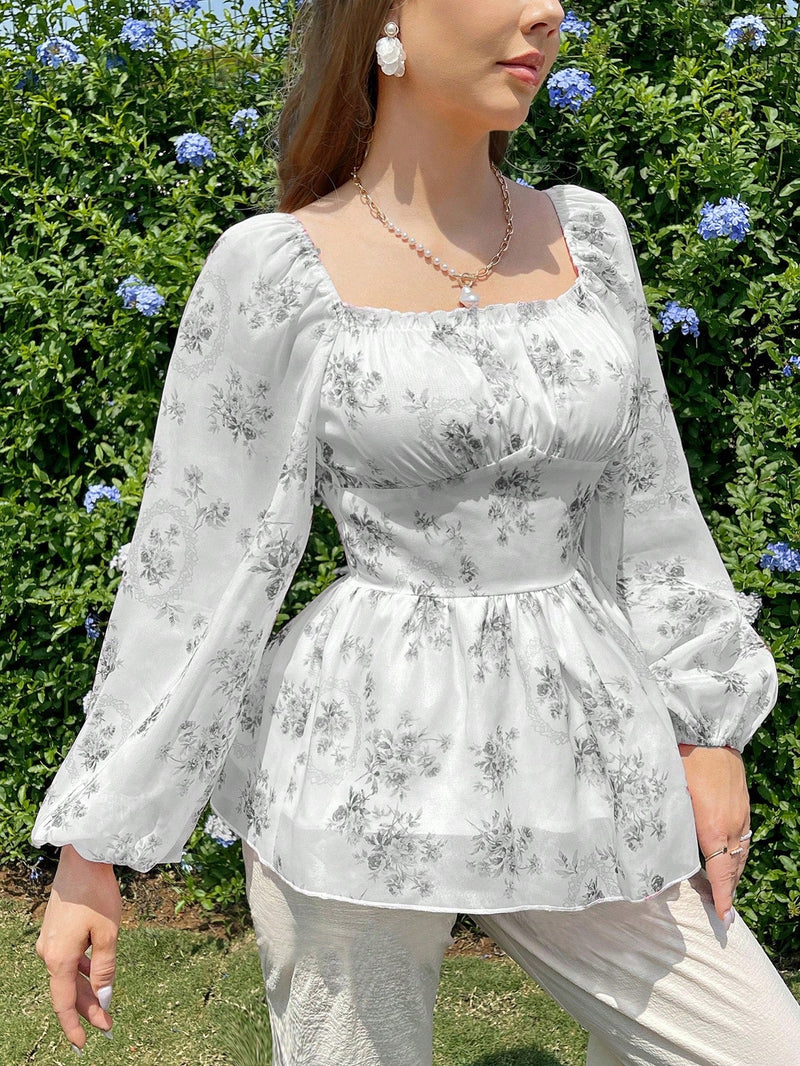 Modely Camisa de manga abullonada con cintura plisada y detalles de pequenas flores para vacaciones y ocio de mujeres