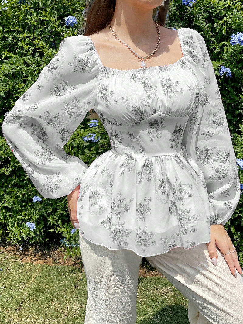 Modely Camisa de manga abullonada con cintura plisada y detalles de pequenas flores para vacaciones y ocio de mujeres