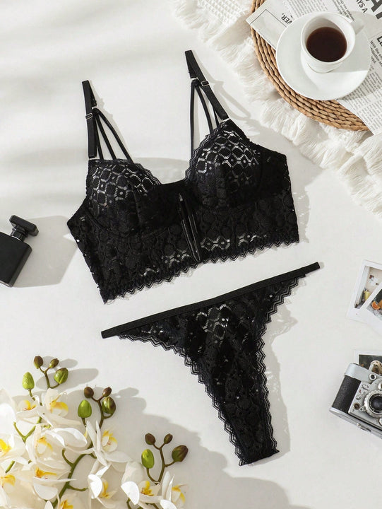 Conjunto De Lenceria Transparente Camisola De Tirantes Finos De Color Solido Para Mujer