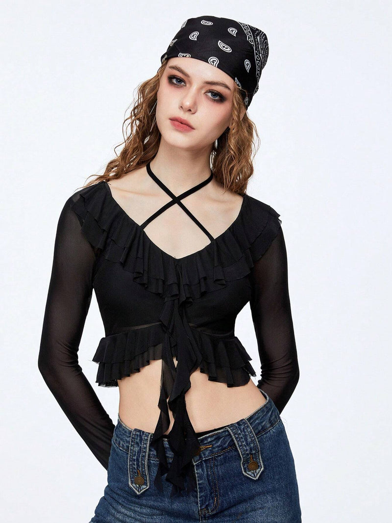 Neu Blusa transparente de malla negra Y2K para mujeres