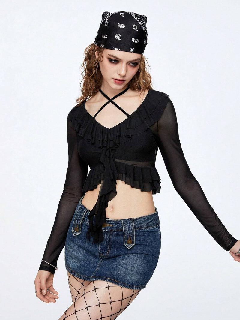 Neu Blusa transparente de malla negra Y2K para mujeres