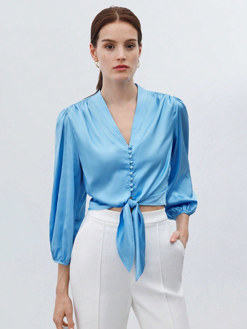 BIZwear Camisa elegante para el trabajo de mujer en azul con lazo