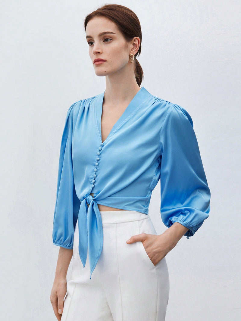 BIZwear Camisa elegante para el trabajo de mujer en azul con lazo