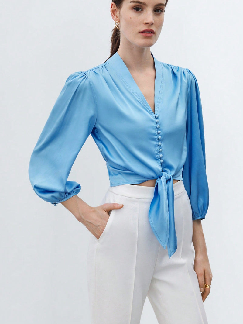 BIZwear Camisa elegante para el trabajo de mujer en azul con lazo