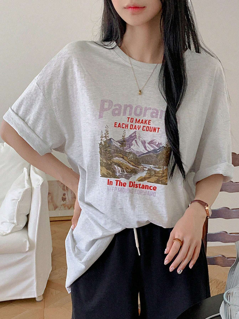 Camiseta de mujer floja con cuello redondo y estampado grafico de manga corta y larga con flores gris