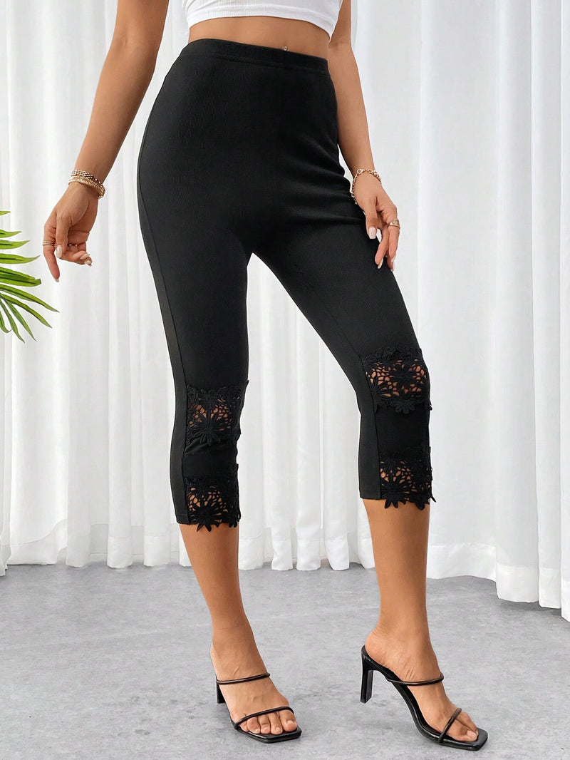 Prive Pantalones capri negros ajustados con insercion de encaje para mujer, elegantes y sencillos para usar durante el dia o en vacaciones y citas