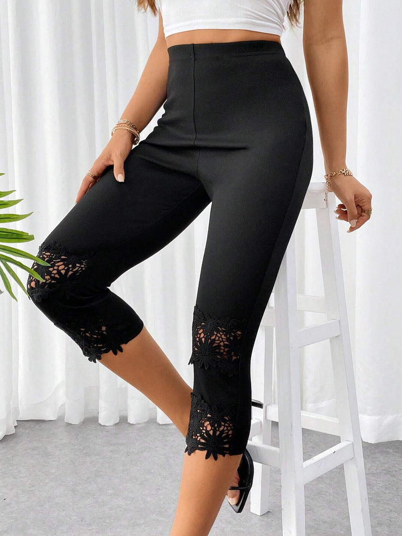 Prive Pantalones capri negros ajustados con insercion de encaje para mujer, elegantes y sencillos para usar durante el dia o en vacaciones y citas