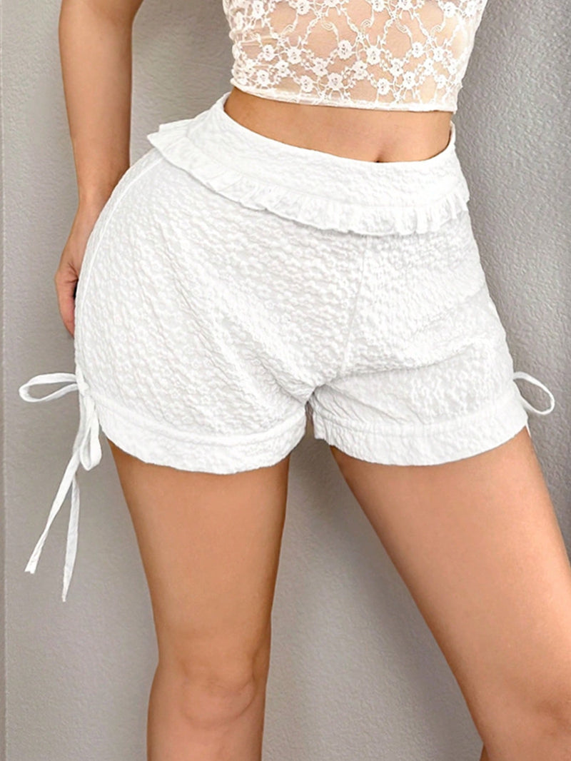 ICON Shorts texturizados de verano para mujeres con ribete fruncido y cordon ajustable