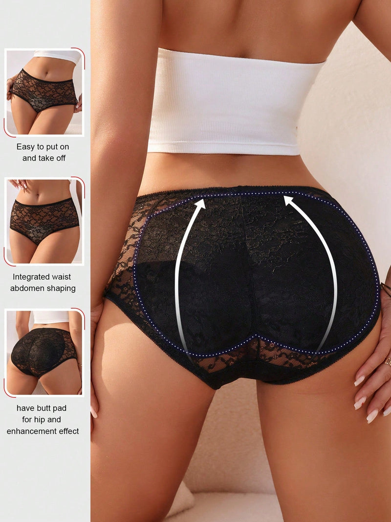 Pantalones De Encaje Solido Con Triangulo Para Mujer Con Almohadillas De Gluteos Para Realzar Las Caderas