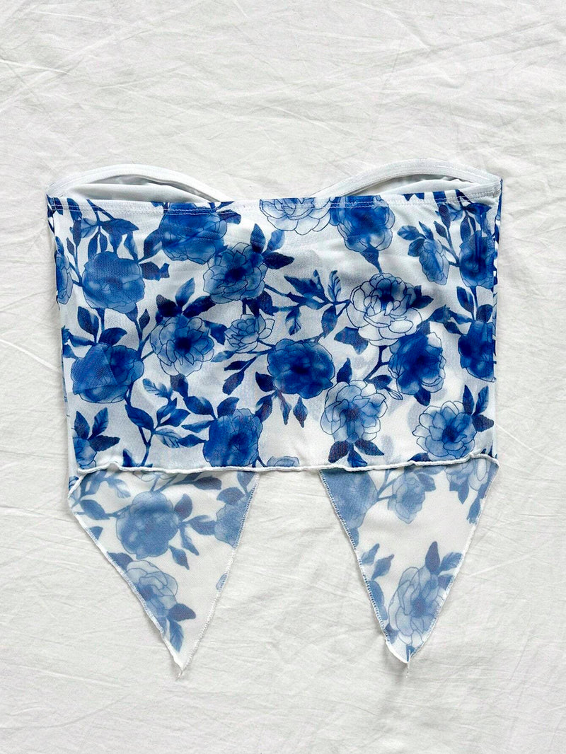 WYWH Top azul y blanco sin tirantes retorcido con flores para unas vacaciones de verano