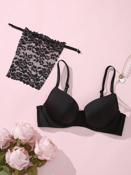 Bra basico de encaje negro comodo y casual con aro y sujetador en V regalado con diseno anti-filtracion y cobertura del busto (1 pieza)