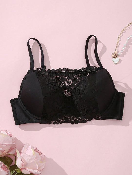 Bra basico de encaje negro comodo y casual con aro y sujetador en V regalado con diseno anti-filtracion y cobertura del busto (1 pieza)