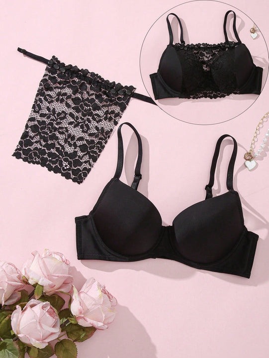 Bra basico de encaje negro comodo y casual con aro y sujetador en V regalado con diseno anti-filtracion y cobertura del busto (1 pieza)