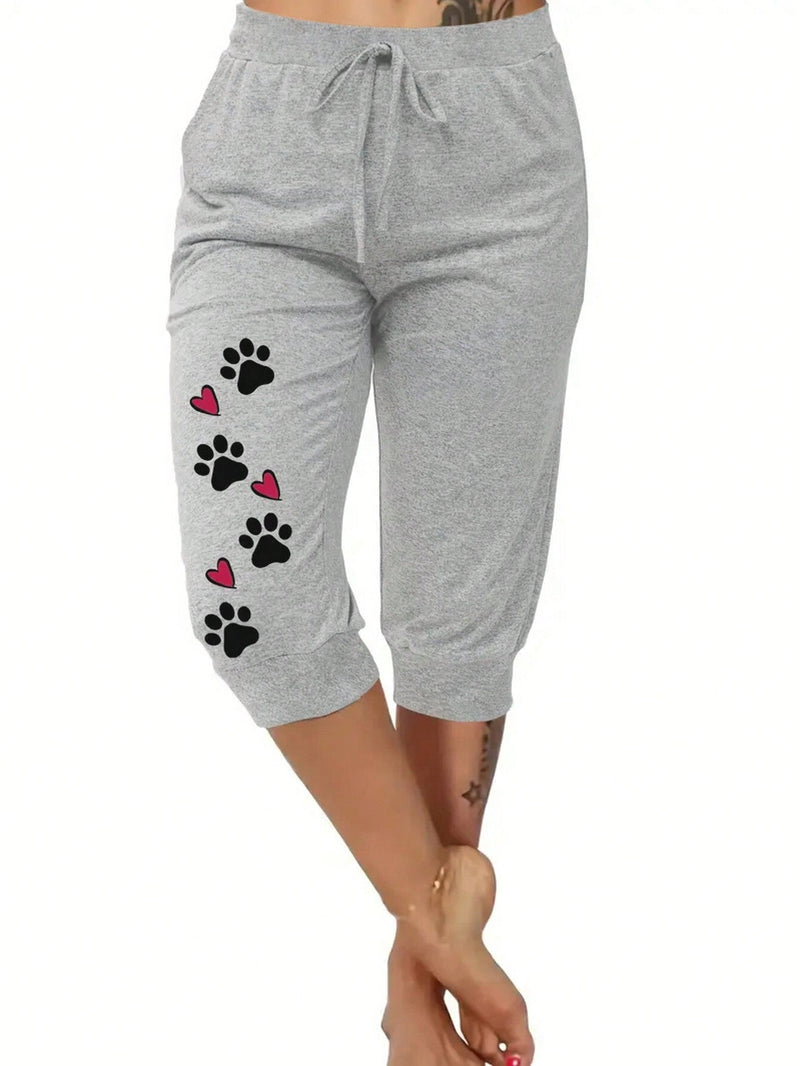 LUNE Pantalones Capri casuales para mujer con patron de corazones y huellas con cintura con cordon