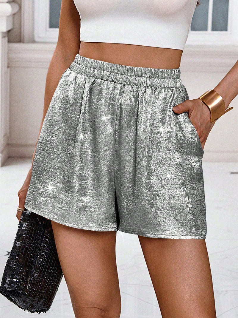 LUNE Shorts brillantes de linea A con hebilla y bolsillo para festivales de musica y uso casual, primavera y verano