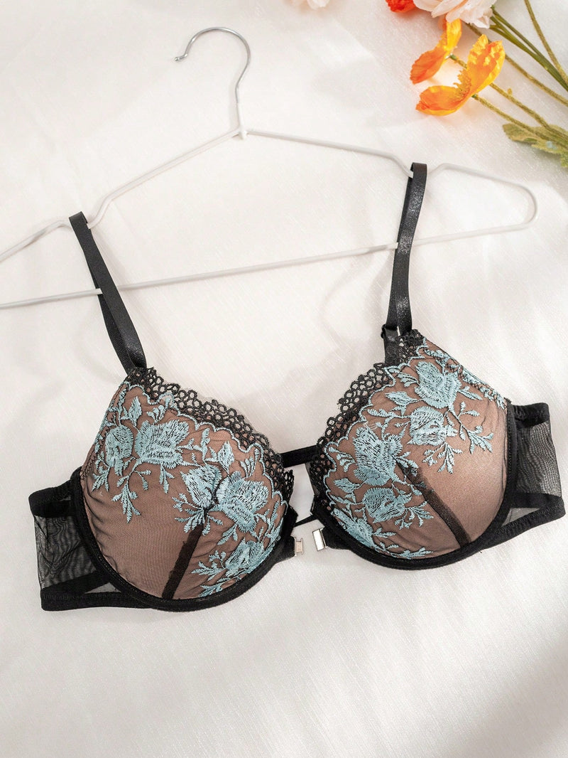 Sujetador tipo bralette con copas moldeadas con cierre frontal y encaje bordado para mujer